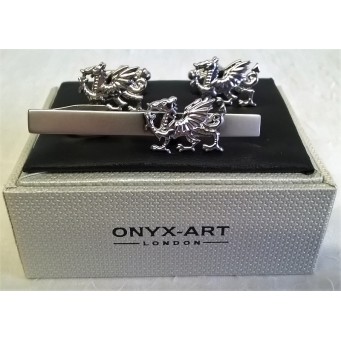 ONYX-ART CUFFLINK & TIE BAR SET – WELSH DRAGON
